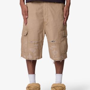 Baggy Distressed Cargo Shorts - Washed Khaki