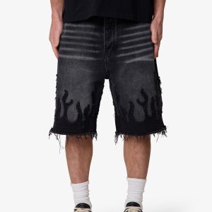 Baggy Flame Denim Shorts - Black
