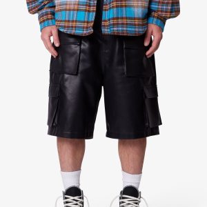 Baggy Leather Cargo Shorts - Black