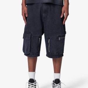 Baggy Zipper Denim Shorts - Black