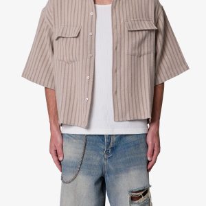 Cropped Boxy Striped S/S Shirt - Khaki
