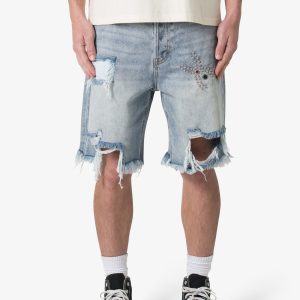 Distressed Spider Denim Shorts - Light Blue