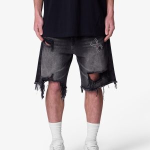 Distressed Spider Denim Shorts - Washed Black
