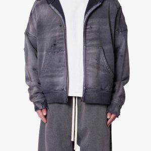 Distressed Thermal Lined Hoodie - Black