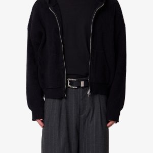 Knit Zip Up Hoodie - Black