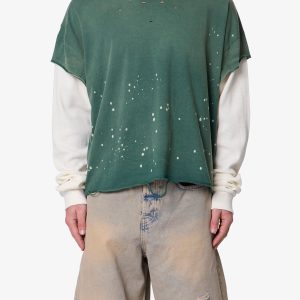 Layered Distressed Painted L/S Tee - Green