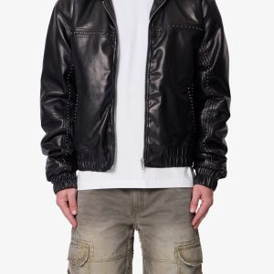 Leather Hooded Stud Jacket - Black