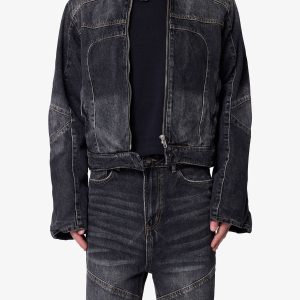 Paneled Moto Denim Jacket - Washed Black