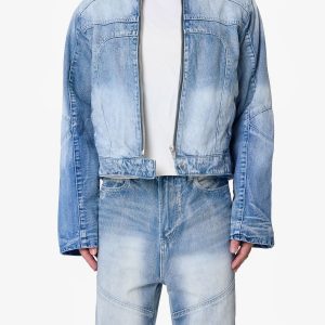 Paneled Moto Denim Jacket - Washed Blue