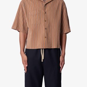 Striped Woven Cropped Shirt - Brown