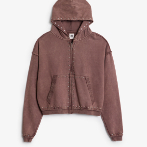 Studded Ruffle Zip Up Hoodie - Washed Brown