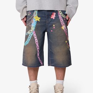 Ultra Baggy Chain Printed Denim Shorts - Blue